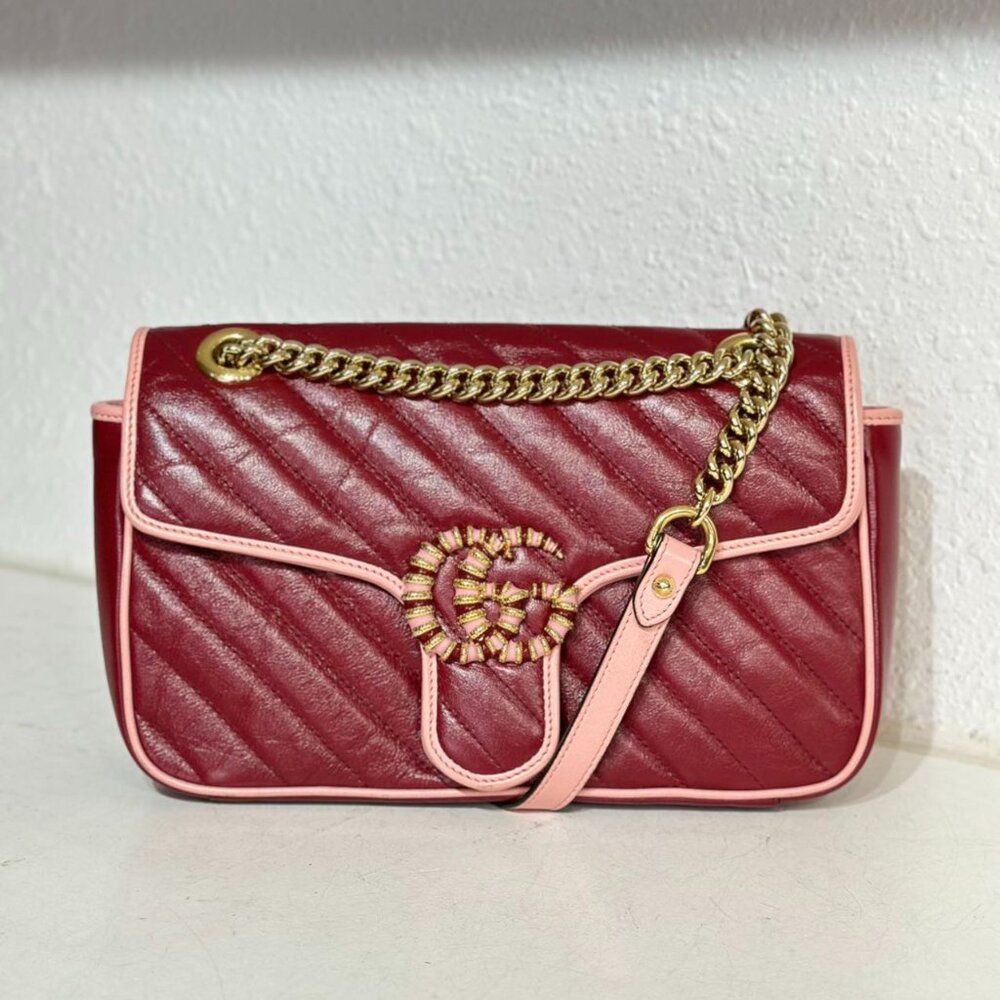 Gucci GG Logo Red Leather Marmont Medium Shoulder Bag